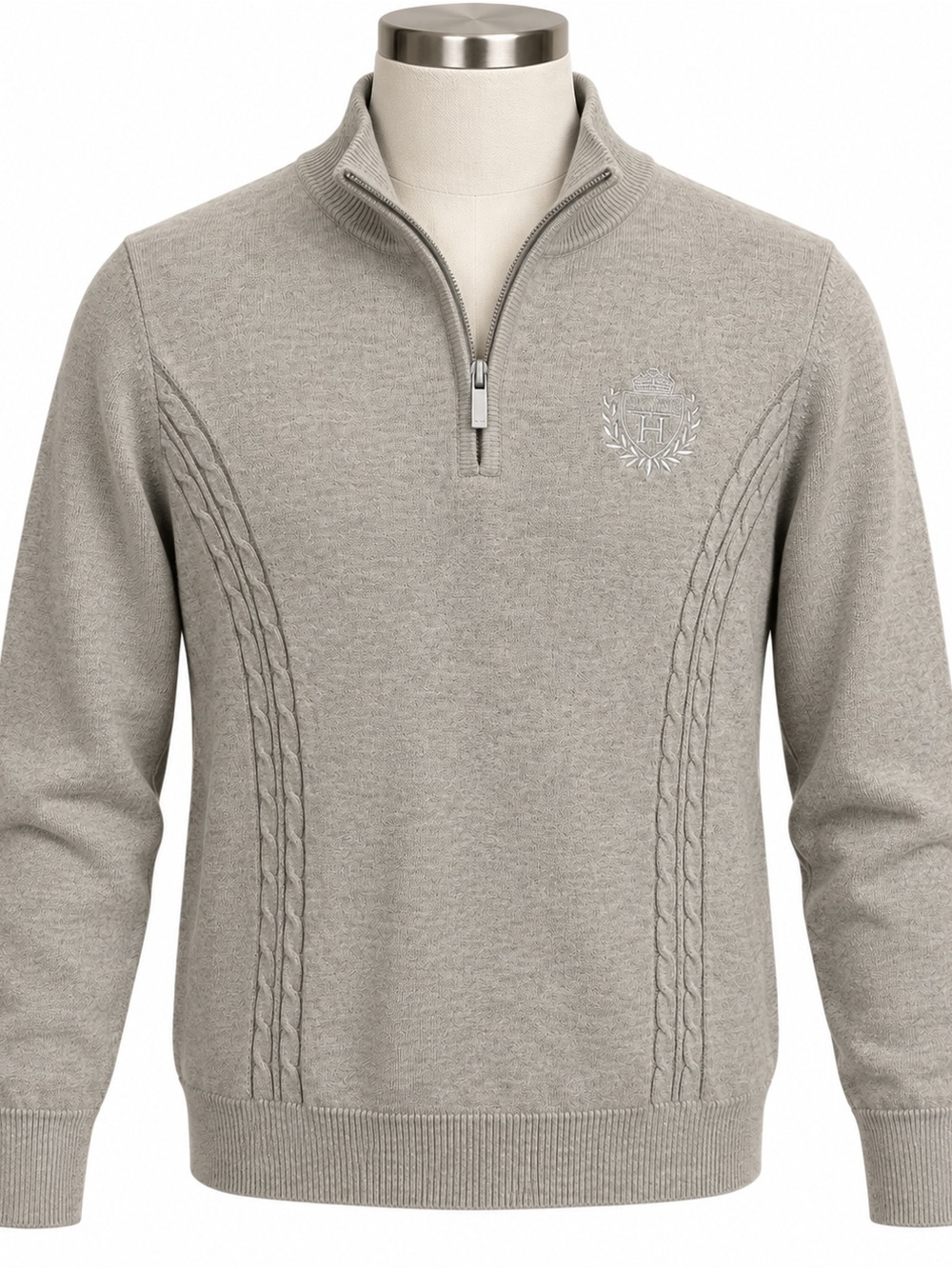 Tommy Hilfiger Men’s Large Beige Full Zip Cable Knit Sweater Crest 3/4 Zip Fall